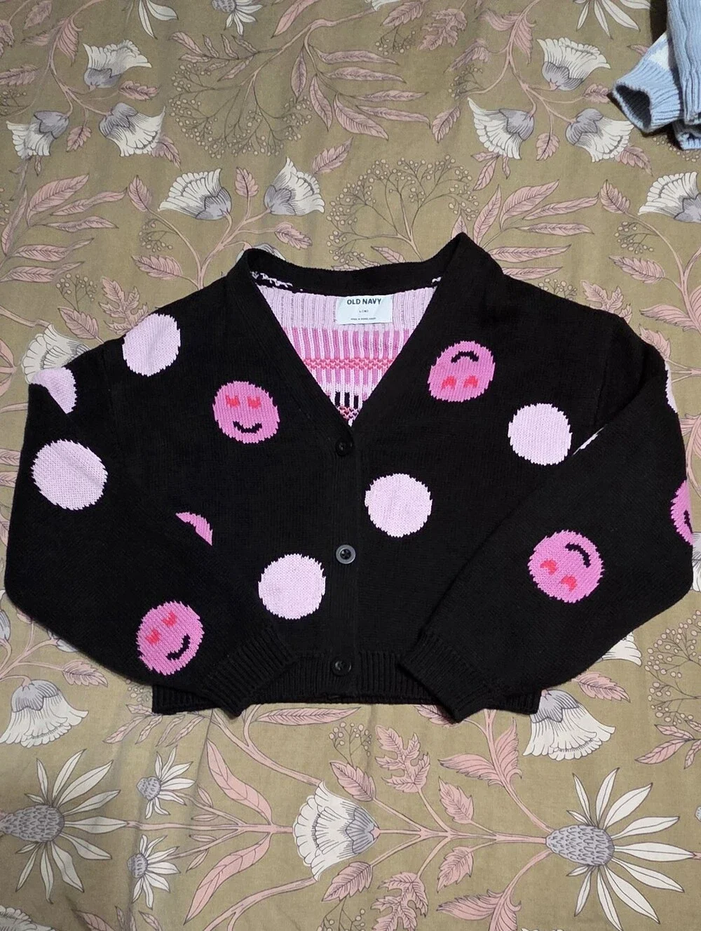 Old Navy Black Cardigan with Pink Smiley Dot Knit